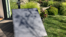 A plug-in solar panel in the yard of a Berkeley home.