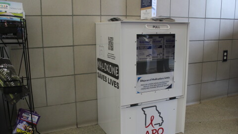 The Rest Easy Naloxone Project box at the eastbound Conway Welcome Center in Webster County, Mo. on September 1, 2026.