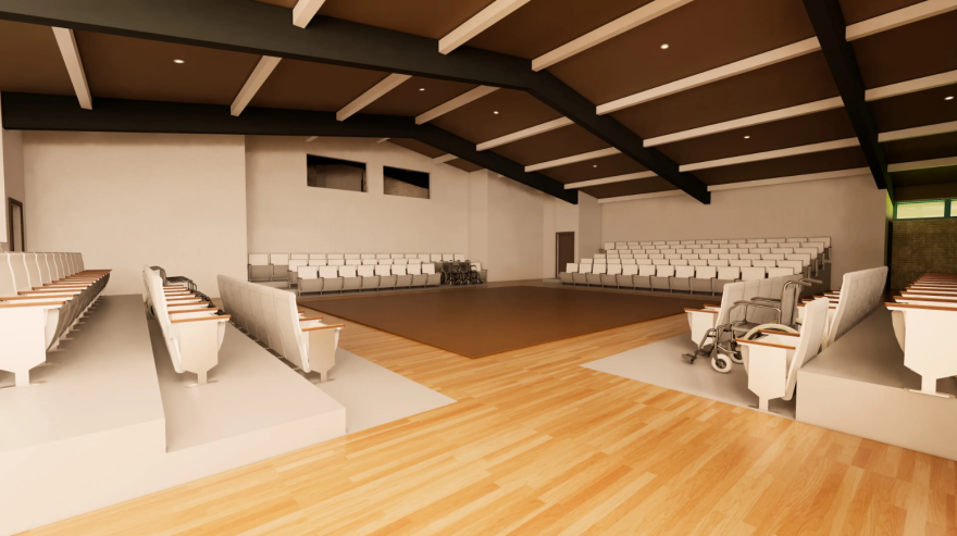 A rendering of the Muriel O’Neil Theatre, which will be created inside the Payne Park Auditorium, the new home for the Sarasota Players.