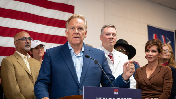 Michigan U.S. Senate candidate Mike Rogers speaks to reporters at a campaign office in Taylor, Michigan on Saturday, September 19.