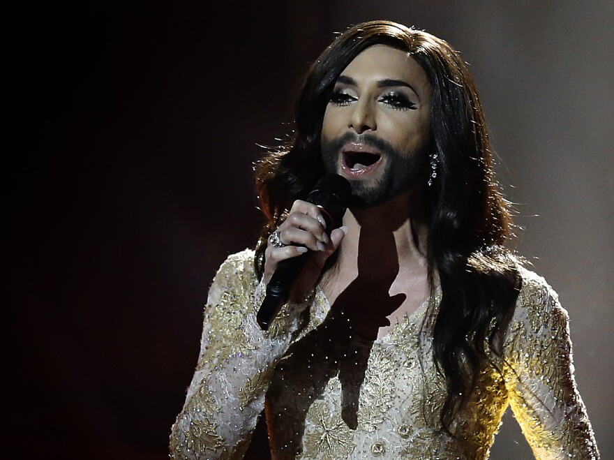 Conchita Wurst, representing Austria, performs the song 'Rise Like a Phoenix' during the second semifinal of the Eurovision Song Contest. Wurst, a bearded female impersonator, is among the favorites to win the 2014 contest.