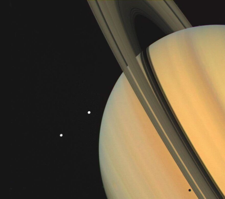 Voyager 1 was the second spacecraft to study Saturn up close. Launched Sept. 5, 1977, Voyager 1’s closest approach to Saturn was on Nov. 12, 1980, at a range of about 78,000 miles. A few days earlier, on Nov. 3, 1980, Voyager 1 took these images of Saturn and two of its moons, Tethys (above) and Dione.