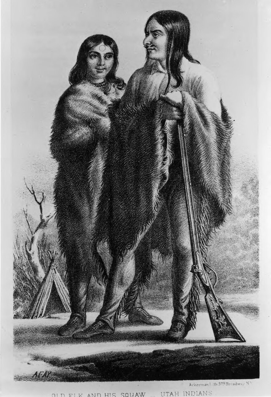 An undated sketch of Old Elk and his wife. Old Elk opposed settlers at Fort Utah, and he and his wife died during the trouble.
