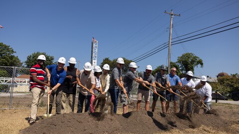 State and city officials break ground on the Cairo, Illinois, 3D-printed duplex project in August 2024.