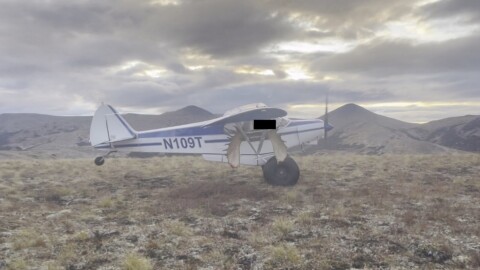 A still from a video shows Eugene "Buzzy" Peltola Jr.'s plane taking off from a remote airstrip near St. Mary's on Sept. 12, 2023, moments before the crash that killed him.
