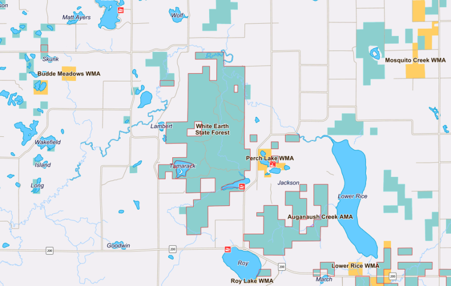 Map depicting the White Earth State Forest and nearby wildlife management areas.