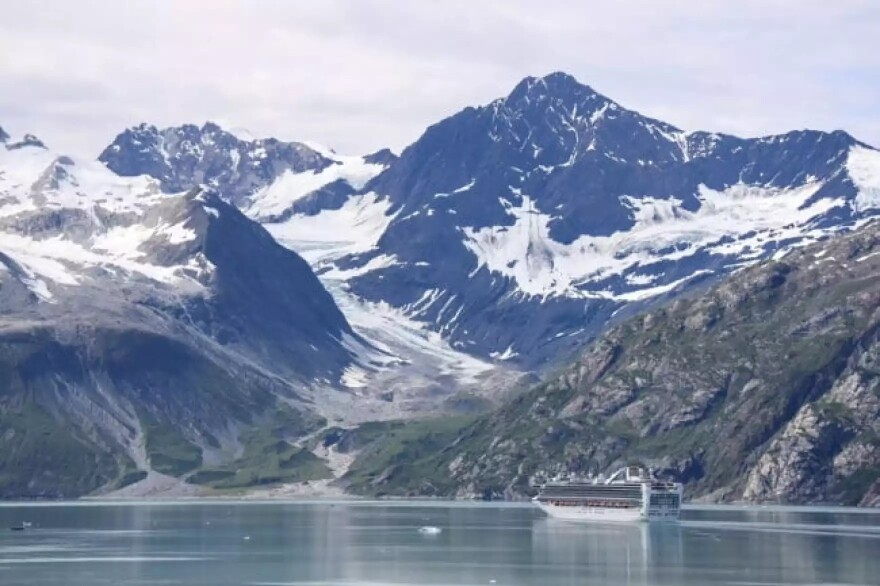 A cruise ship travels through Glacier Bay on July 24, 2023.