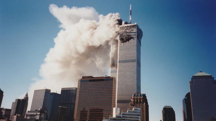 An image of the hole that Flight 11 left in the North Tower on September 11, 2001.