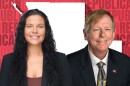 Brunette women and blonde haired man with red background 