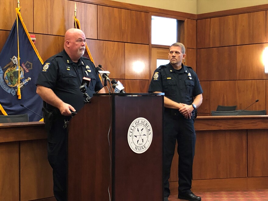 Chief Jason Moen, left, and Deputy Police Chief Timothy Cougle, right, brief the press Monday Sept. 27, 2021 after an officer-involved shooting occurred in Auburn that morning.