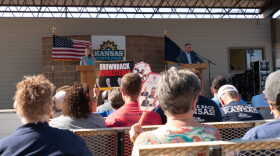 Democrat Cindy Holscher and Republican Ty Masterson appear at the Sept. 12, 2026, debate at the Kansas State Fair. The two rivals for governor agree on the need to reduce property taxes for homeowners but clash on the details.