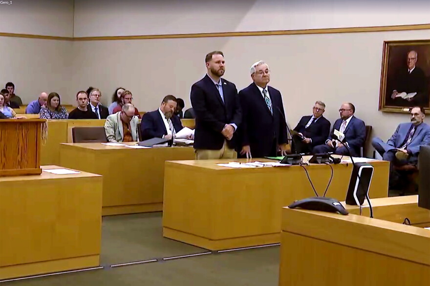 Michael Gero (left) and his attorney, Timothy Brignole, appear in Superior Court in Torrington on Friday, Oct. 9, 2026. Gero was charged on Sept. 25 with illegally killing a black bear that had been killing goats and chickens on his property. Prosecutors moved to dismiss the charges, citing Gero's lack of criminal history and previous attempts at non-lethal means to protect his animals from bears.