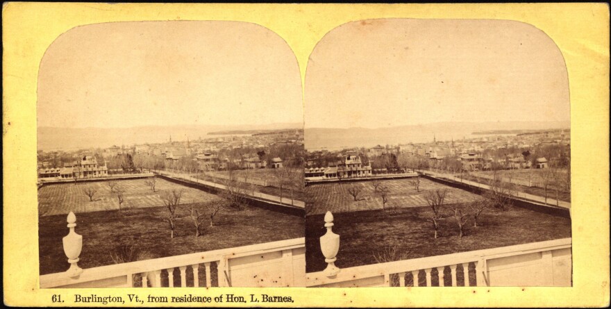 This stereograph image from the 1860s shows a carriage barn at the far side of a field. Today, the converted barn is on the Champlain College campus. It contains the Women's and Gender Center, as well as faculty and staff offices.