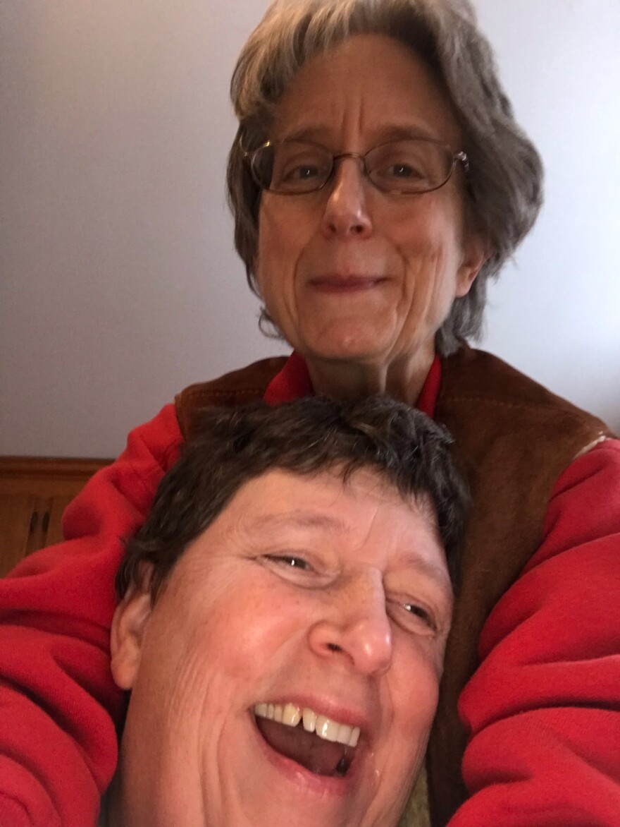 Linda Hanson, top, with her sister Carol.