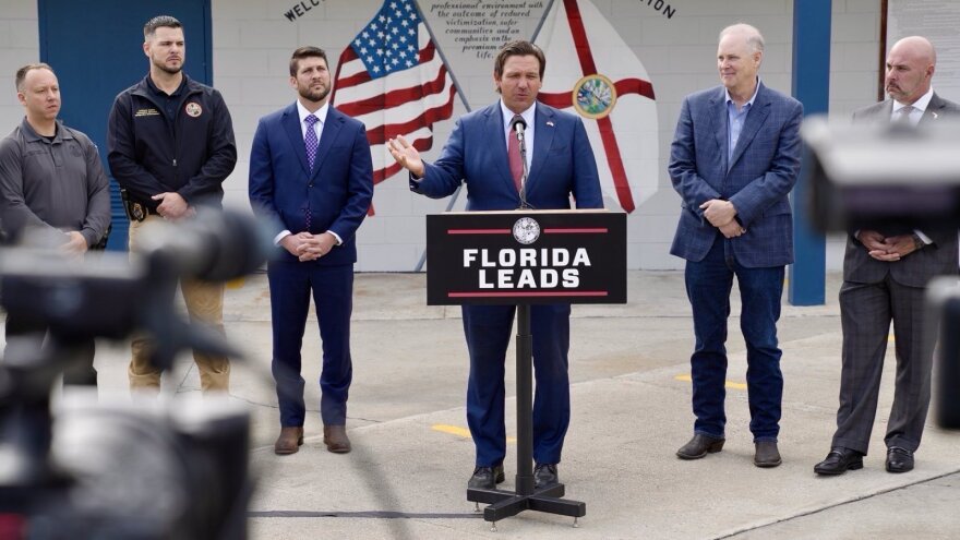 Gov. Ron DeSantis speaking at a press conference at an immigrant detention facility in Sanderson called Deportation Depot on Monday, Jan. 5, 2026.