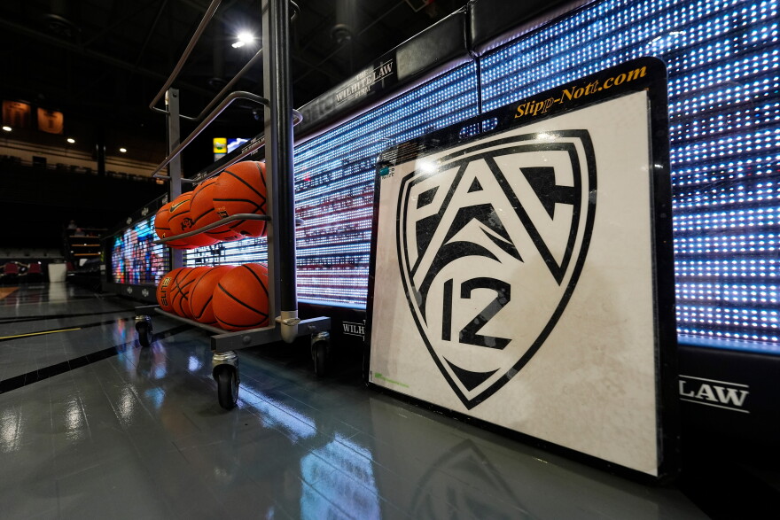 The PAC-12 logo is displayed, March 3, 2024, in Boulder, Colo. 