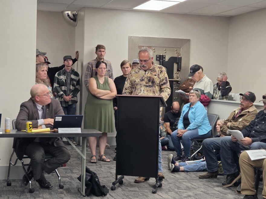 Bob Klug, Jr., raises his concerns about Blackduck's wastewater system if cannabis nutrients leach in during a public hearing on Oct. 6, 2025.