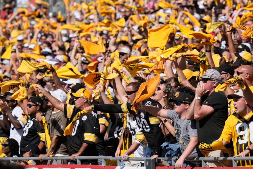 Pittsburgh Steelers fans cheer in black and gold standing in a filled section of a stadium waving terrible towels in a stadium 