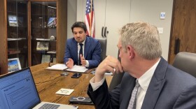 Akron Mayor Shammas Malik (left) discusses the proposed 2026 operating budget alongside Finance Director Steve Fricker (right) on March 9, 2026.