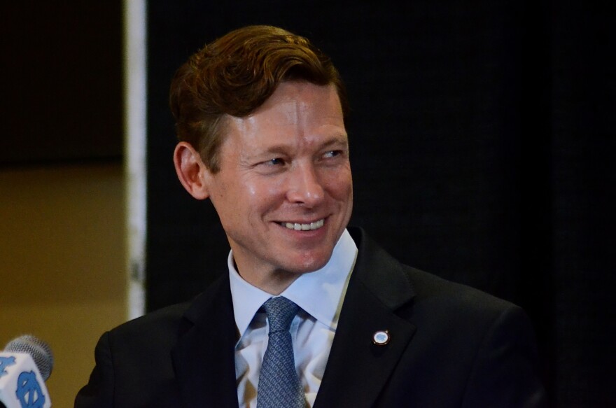UNC-Chapel Hill chancellor Lee Roberts at the retirement press conference for women's soccer coach Anson Dorrance at the Dean E. Smith Center in Chapel Hill on Monday, Aug. 12, 2024.