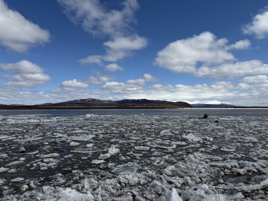 The Kuskokwim River breaks up in front of Aniak amid high water and an active flood warning for the community on May 8, 2026.
