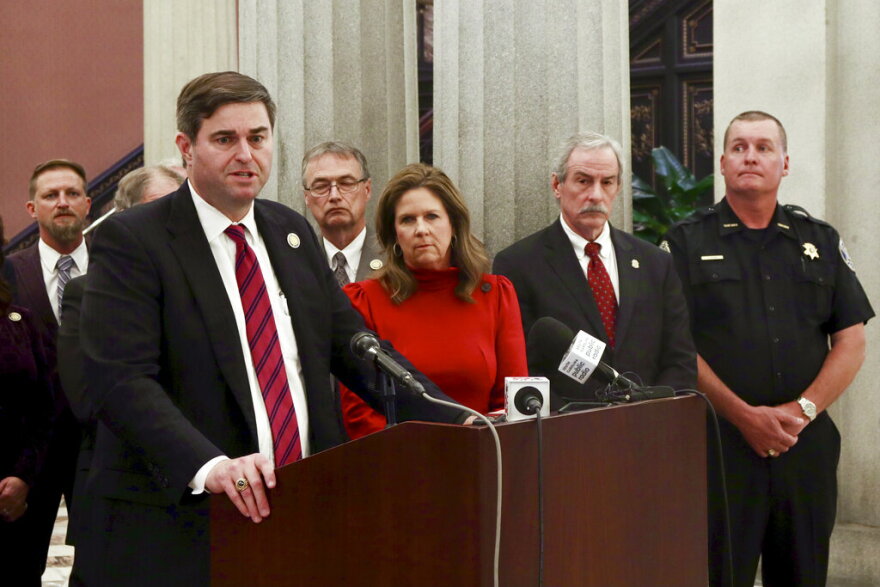 South Carolina House Speaker Murrell Smith speaks at a press conference in Columbia, S.C., on Wednesday, March 1, 2023. The South Carolina House approved additional sentences for people charged with a violent crime and then convicted of a second violent offense while released on bond. (AP Photo/James Pollard)