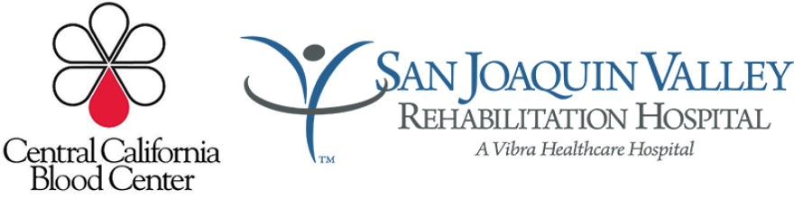 Logos for our sponsors, the Central California Blood Center and San Joaquin Valley Rehabilitation Hospital.