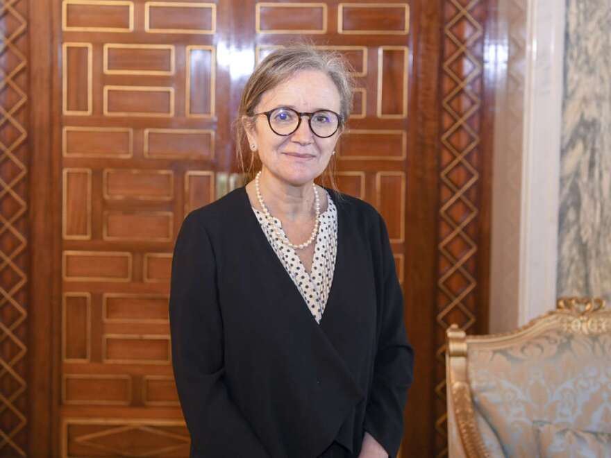 In this photo provided by the Tunisian presidency shows newly named Prime Minister Raoudha Boudent Ramadhane, Wednesday, Sept.29, 2021 in Tunis. Tunisia's president Kais Saied on Wednesday named the country's first female prime minister, appointing her to lead a transitional government after her predecessor was sacked and parliament suspended. (Slim Abid/ Tunisian Presidency via AP)