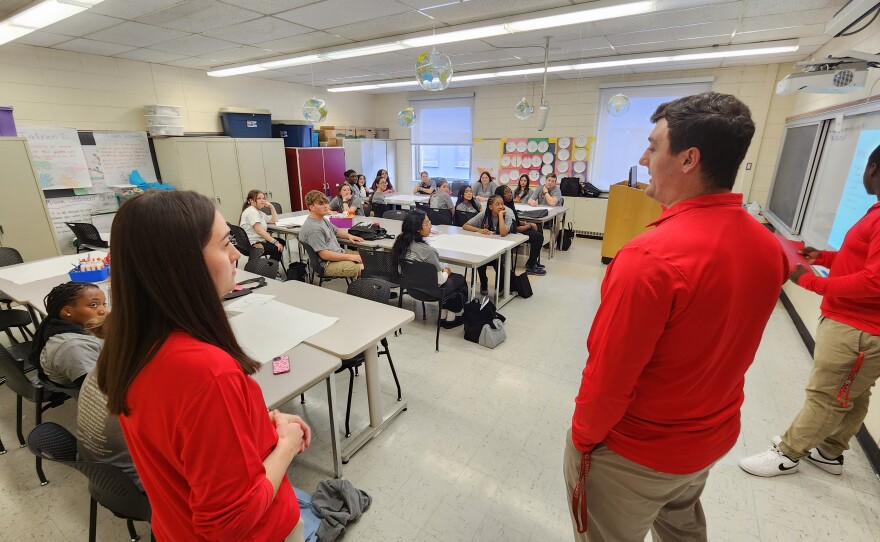 East Stroudsburg University students speak to high schoolers during the aspiring educators conference.