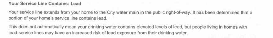 Text from a letter notifying one household that it has a lead-containing water service line