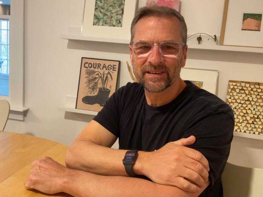 Dan Harper of South Deerfield, Massachusetts, wearing a watch he designed to help save the lives of people overdosing. His daughter Eliza died of an opioid overdose in 2018.