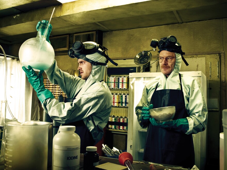 Jesse Pinkman (Aaron Paul) and Walter White (Bryan Cranston) form an unlikely partnership in <em>Breaking Bad</em>.