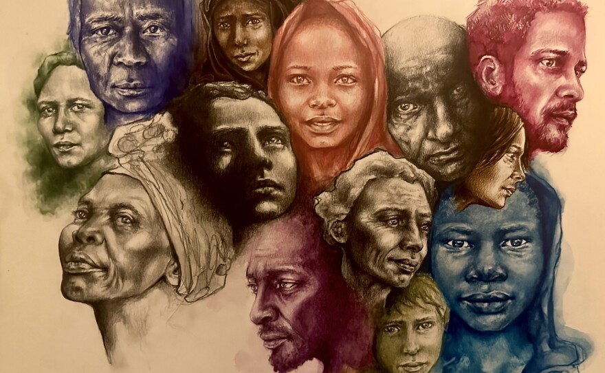 A illustration by Alex Miniard of several faces in various colors looking in different directions