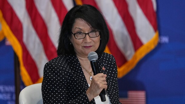 Neeli Bendapudi, president of Penn State University, speaks before President Donald Trump arrives at the United States Army War College in Carlisle, Pa., during the Pennsylvania Defense and Innovation Summit, Wednesday, July 15, 2026. 