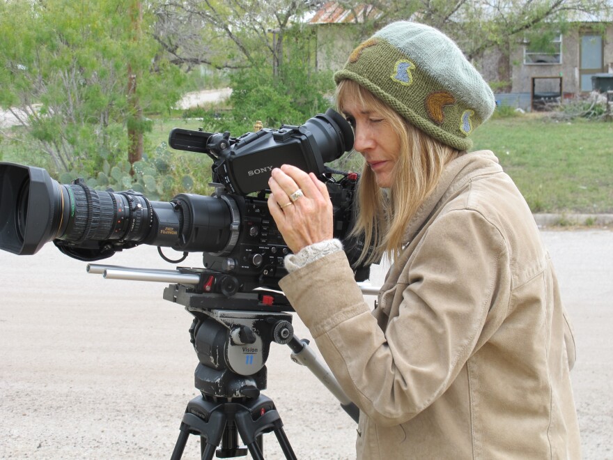 Laurie Coyle in Karnes City filming Adios Amor.