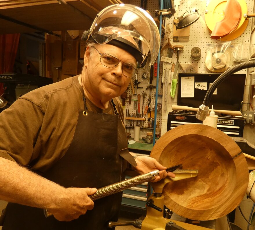 John Dekle with his woodturning setup.