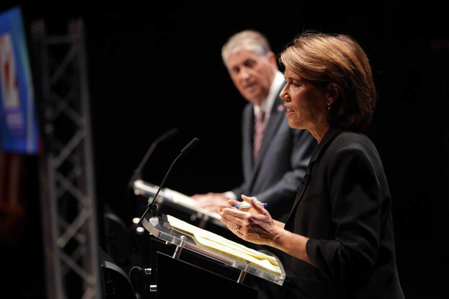 Gov. Dan McKee and Helena Foulkes faced off in a Democratic gubernatorial primary debate Tuesday, trading arguments over McKee’s record in office and Foulkes’ corporate background as the Sept. 9 primary approaches. Credit: Corey Welch/WPRI 12