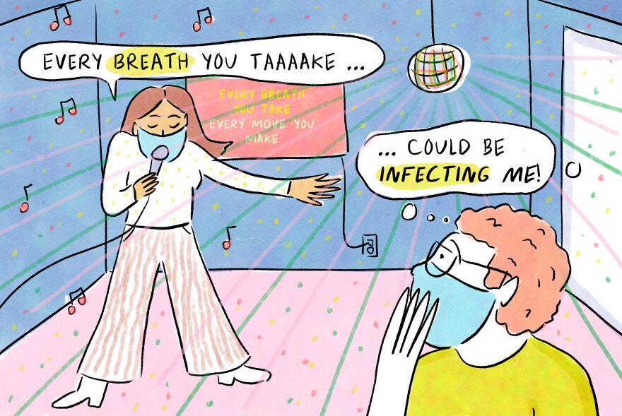 A comic of a man worrying about being infected by someone singing karaoke.