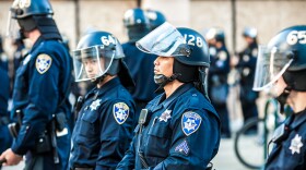 Oakland police in riot gear at a demonstration