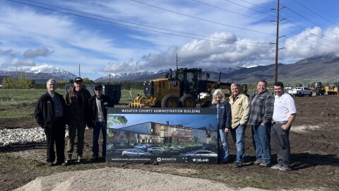 Members of the Wasatch County Council celebrate breaking ground on a new government building, April 13, 2026.