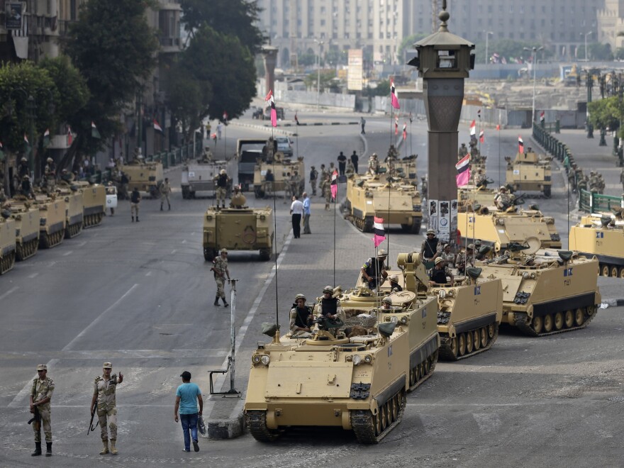 Egyptian army soldiers take their positions around Tahrir Square in central Cairo on Friday.