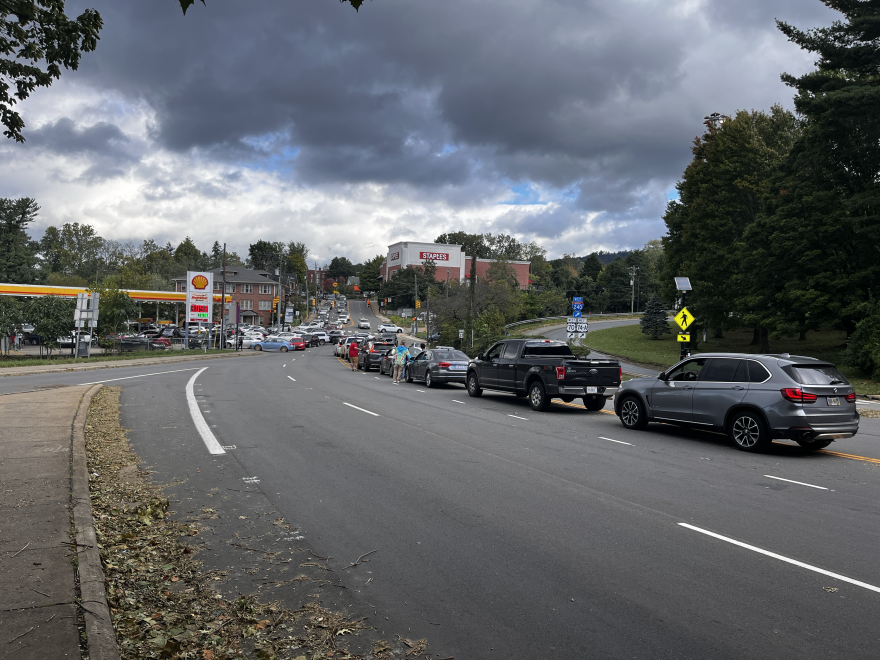 Line of cars waiting to purchase gas at the Shell station at the intersection of Merrimon Avenue and Cherry Street in Asheville on the morning of Sept. 28, 2024.