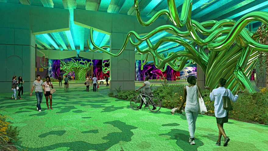 The design includes artistic metal trees in the event space.