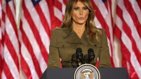 First lady Melania Trump addresses the Republican National Convention from the Rose Garden at the White House on August 25 in Washington, DC. The convention is being held virtually due to the coronavirus pandemic but will include speeches from various locations including Charlotte, North Carolina and Washington, DC. 