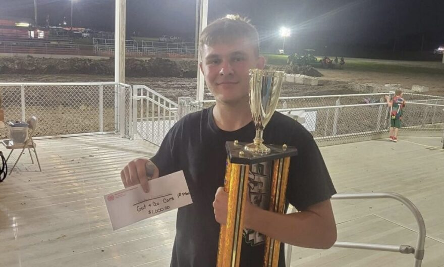 Korbin Papadopoulos, shown here with his winnings, earned first place in his first demolition derby competition in August 2025.