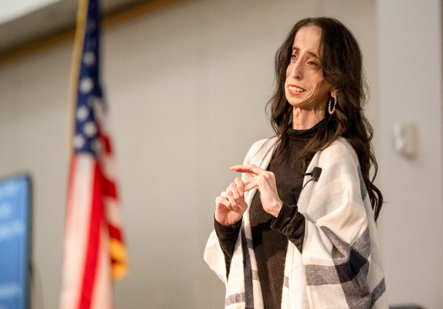 Motivational speaker and author Lizzie Velasquez speaks at USI Thursday March 16. She has as both Marfan syndrome and lipodystrophy. She travels the world talking about the importance of self confidence, and an empathetic approach bullying, which includes care for the bully and the victim.