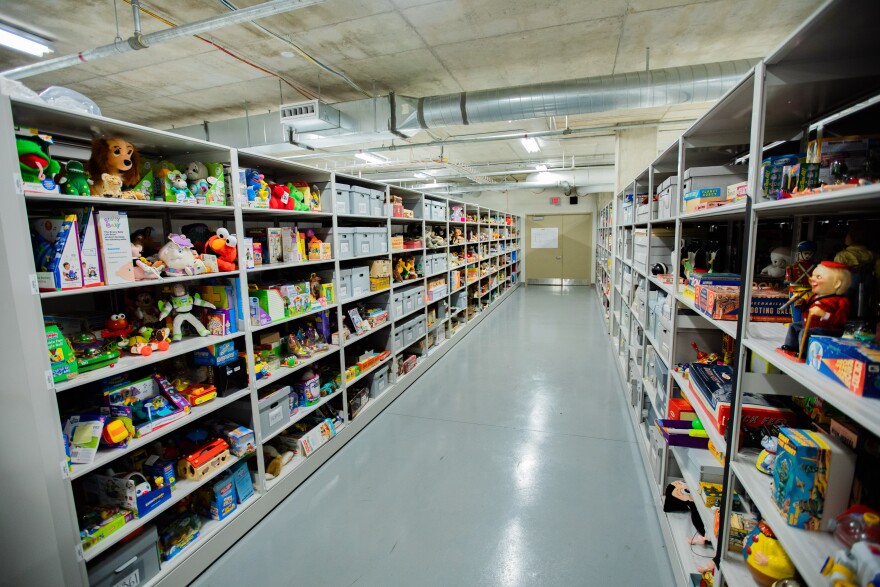 Aisle of toys and games in The Strong National Museum of Play’s collections storage area.