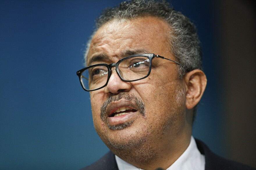 The head of the World Health Organization, Tedros Adhanom Ghebreyesus, speaks in Brussels on Feb. 18. Ethiopia's government is criticizing  Tedros' statement that the crisis in the country's Tigray region is "the worst disaster on Earth" and his assertion that the lack of attention from global leaders may be due to Tigrayans' skin color.