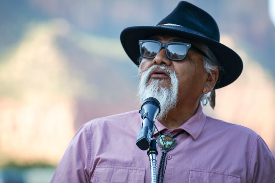 Tribal Chairman Roland Maldonado of the Kaibab Band of Paiute Indians speaks during an event to commemorate Zion’s new electric shuttles, Sept. 4, 2024.