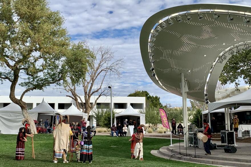The Guardians of the Grand Canyon Ram Dancers, based in Havasupai Falls, performed a social circle dance on Sunday at the Arizona Indian Festival in Old Town Scottsdale. 